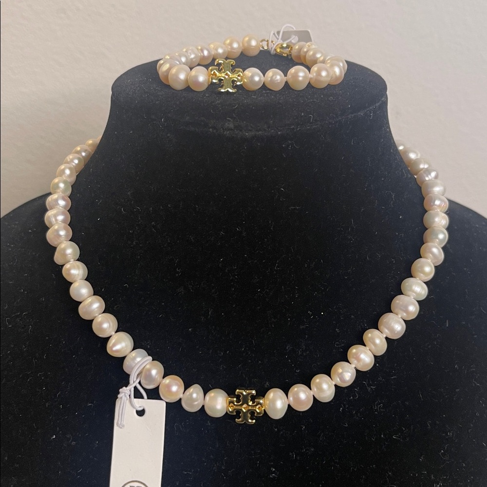 Tory Burch Gold and Cream Pearl Necklace Set